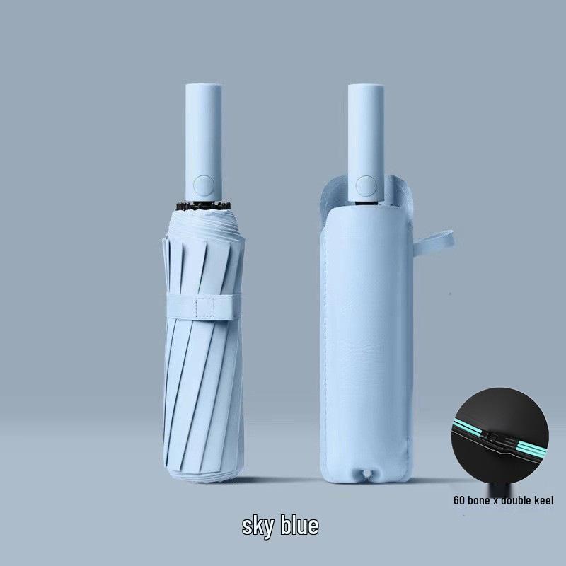 60-Bone Double-Rib Automatic Folding Umbrella: Black Sunshade & Rain Protection, Dual-Use for UV Sunscreen or Business Advertising.