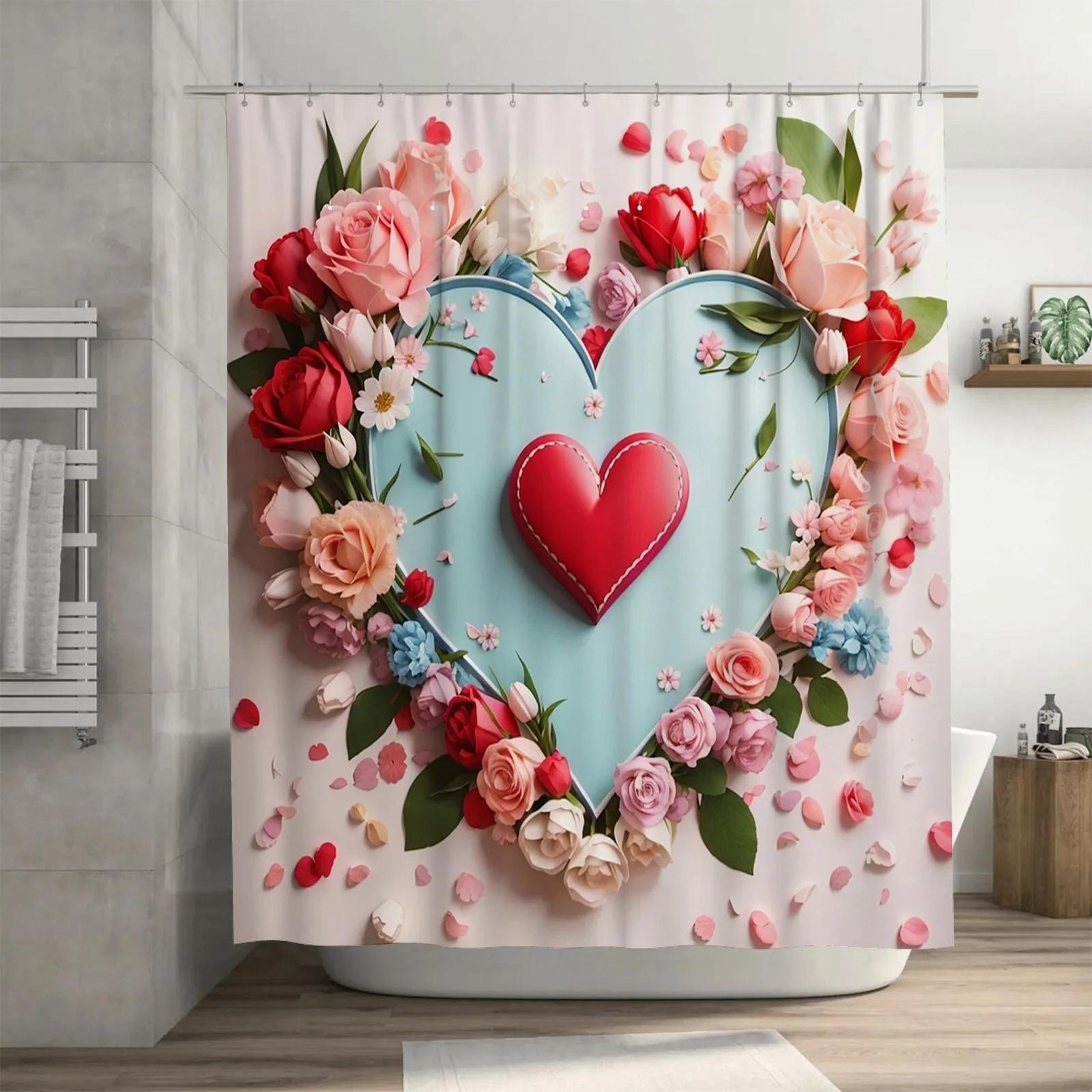 

Heart-Shaped Floral Shower Curtain - Waterproof, Mildew-Resistant, Romantic Design Adds Extra Charm to Your Bathroom W90xH180cm