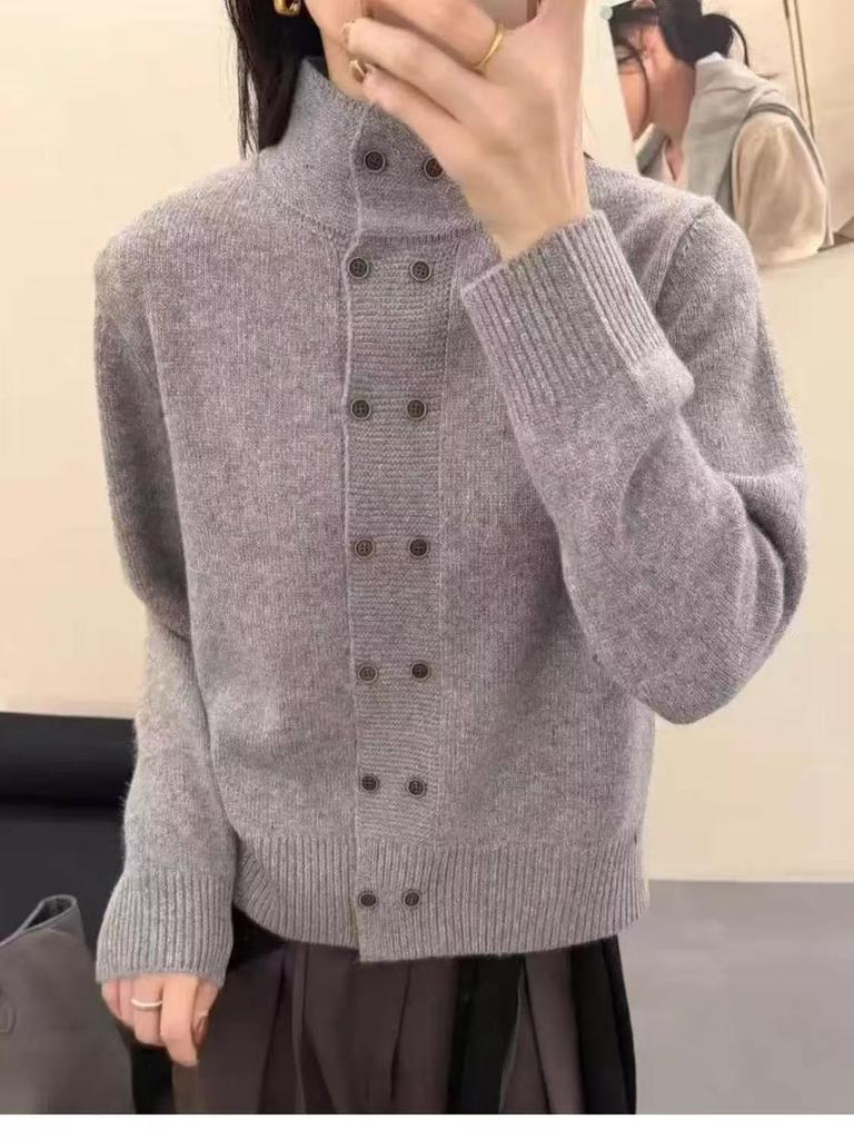 Korean double-breasted stand-up neck knitted cardigan women's autumn and winter design sense temperament loose sweater jacket huge good-looking top