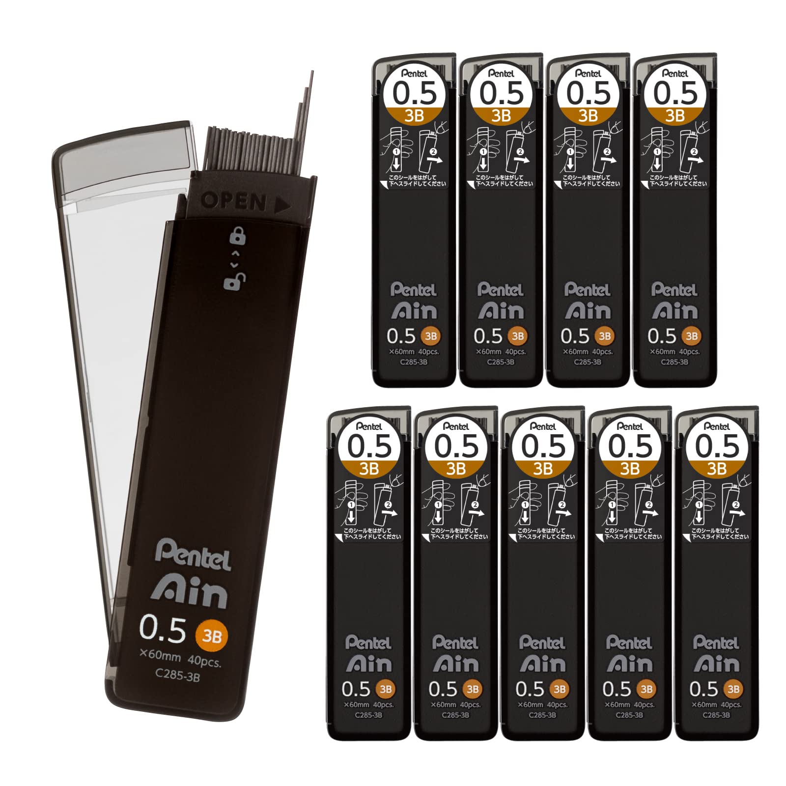 Pentel Ein Mechanical Leads, 0.5mm, 3B, 10-Pack, C285-3B чёрный