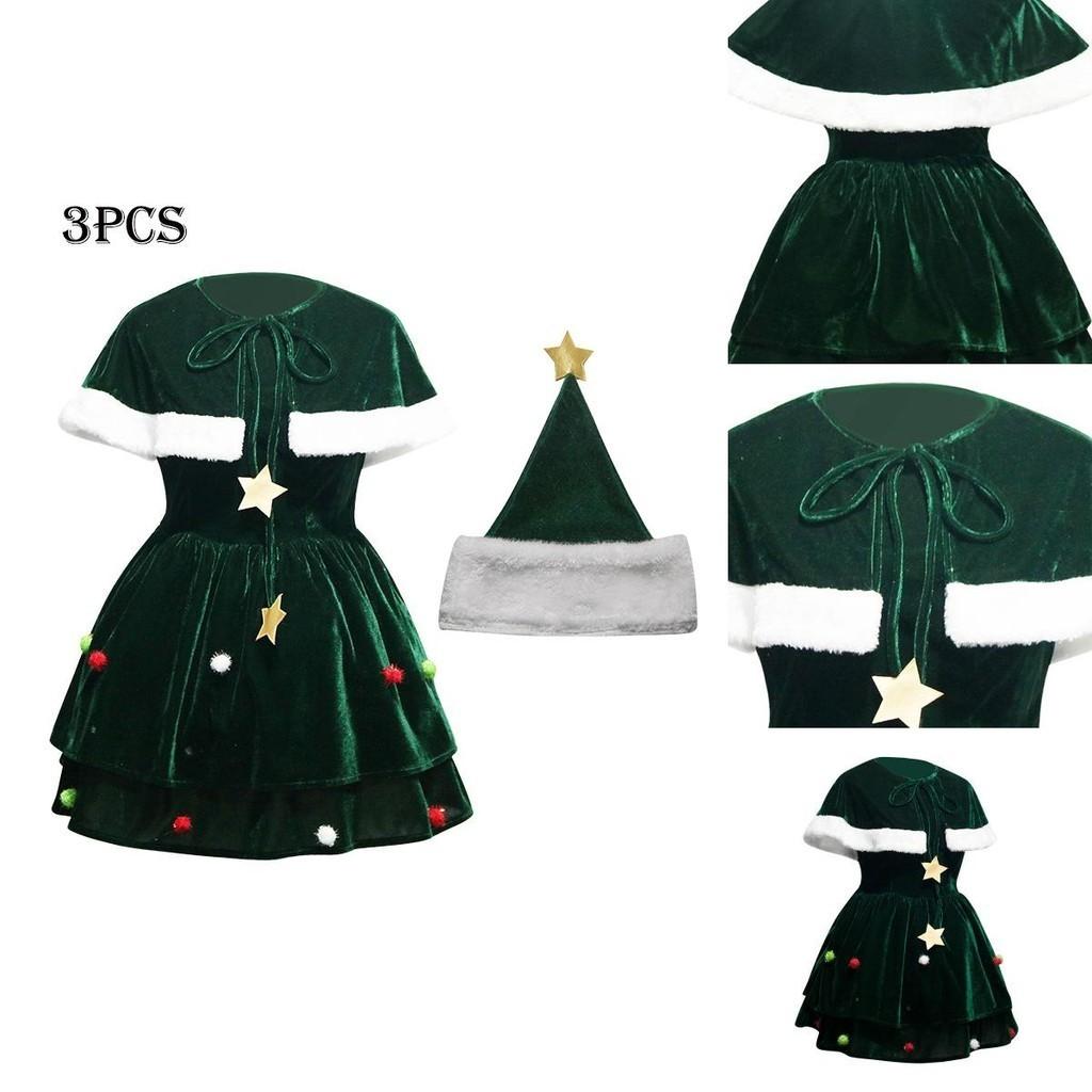 Gorgeous Women Christmas Tree Cosplay Costume Plus Size Xmas Dress Cloak Hat Party