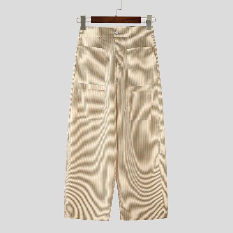 

INCERUN Men Zip-up Waist Casual Loose Striped Wide Leg Trousers Long Pants 5XL хаки