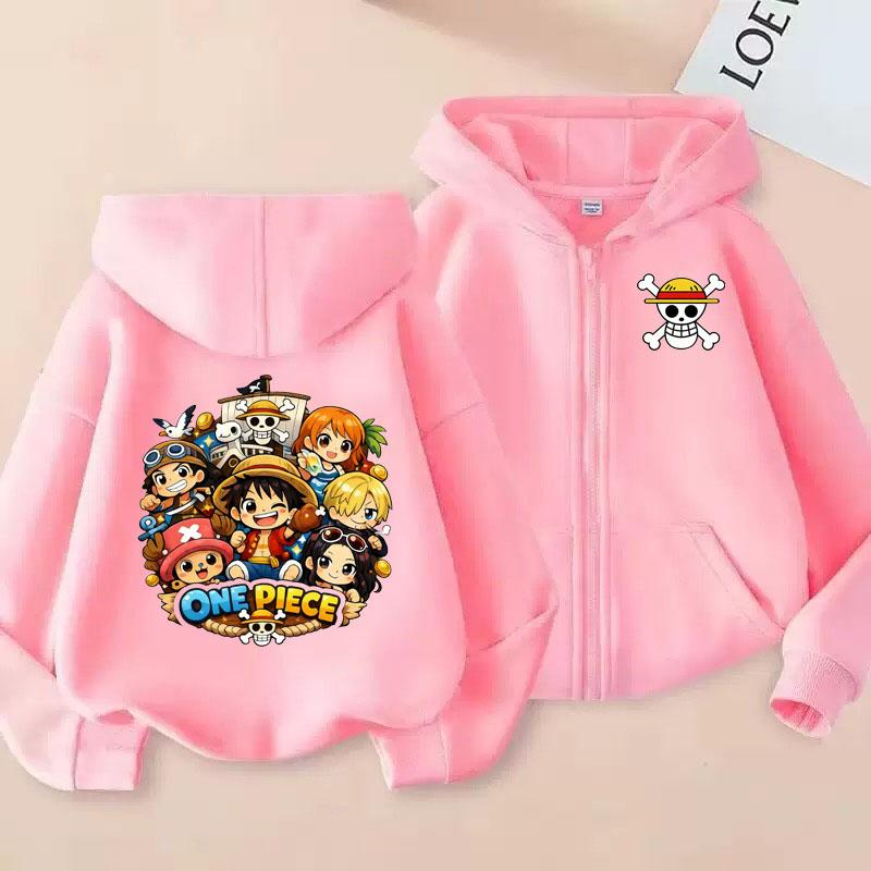 Cartoon Printed Clothing, One Piece Anime Hooded and Zippered Sweater, Long Sleeve Luffy Hooded Sweater for Kids