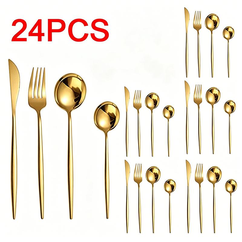 24Pcs Black Handle Gold Cutlery Set of Spoons and Forks, Stainless Steel Utensils for Daily and Festival Use Tea Spoon DCS006