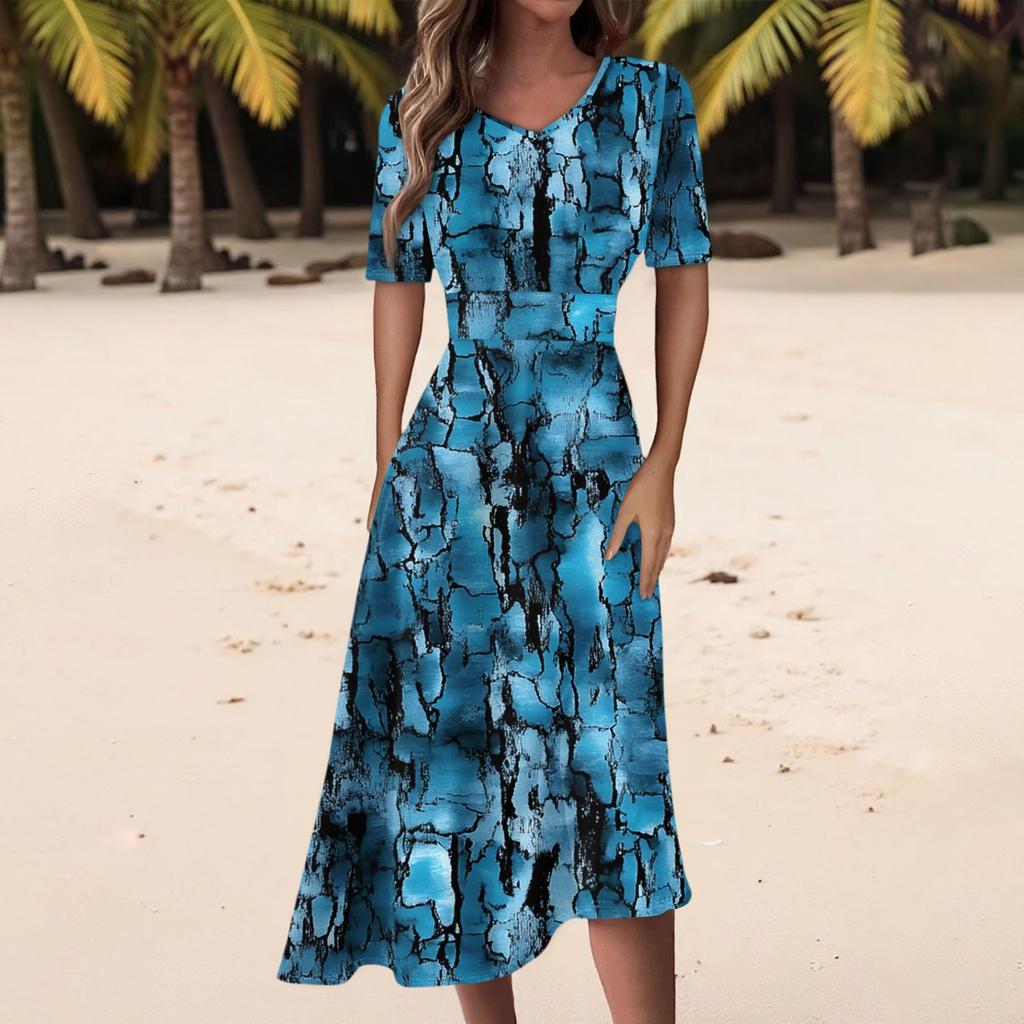 Damen Freizeitmode Kleid mit Blumendruck, V-Ausschnitt, kurzen Ärmeln und taillenlang