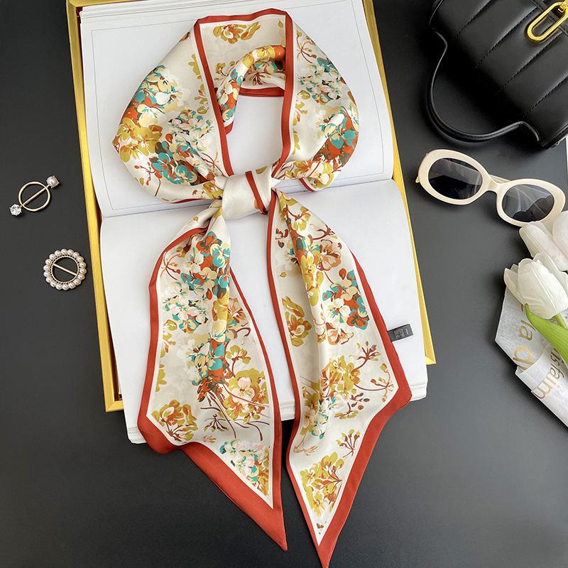 Simulated silk scarf, high-end women's headband, decorative scarf, streamer, fresh color matching, rhombus small scarf, headband.