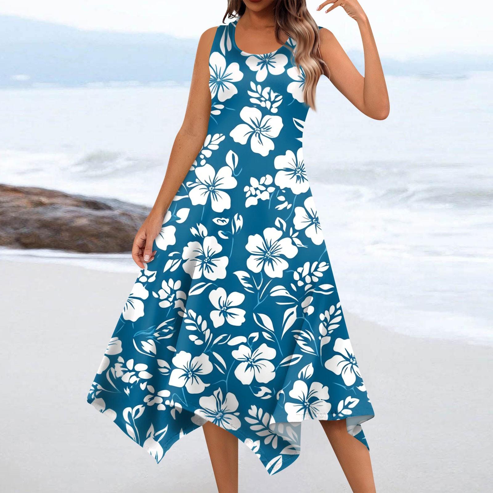 

Женское повседневное модное платье миди без рукавов с круглым вырезом и цветочным принтом, нерегулярный подол L синий