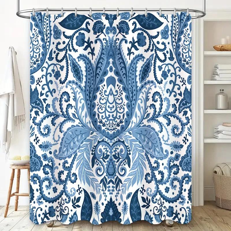 Vintage Blue White Floral Shower Curtain for Bathroom Decor Waterproof Fabric Bath Mat Cover with Grommets Holes 72x78 In (183X2