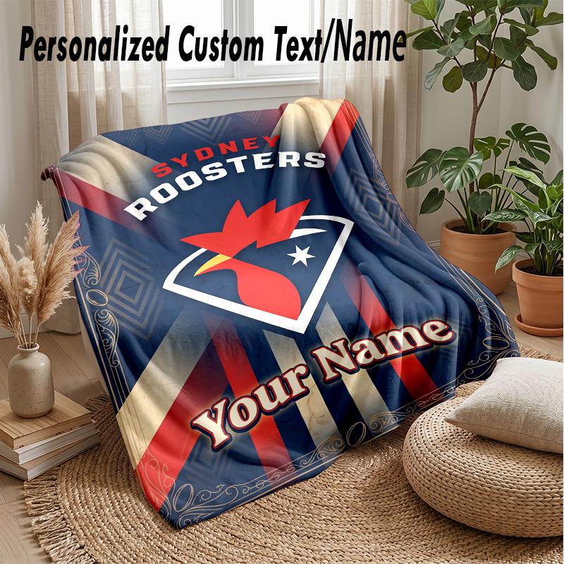 Sydney Roosters Custom Flannel Throw Blanket Print Your Name Text Soft Warm Blanket Holiday Present