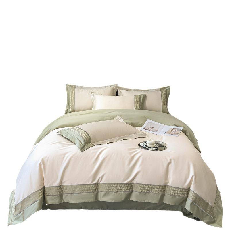 Set da quattro pezzi per letto in cotone a fibra lunga di classe A, lenzuolo con angoli ricamato, lenzuolo con angoli, copripiumino, puro cotone, ad alta densità, ad alto numero di titoli