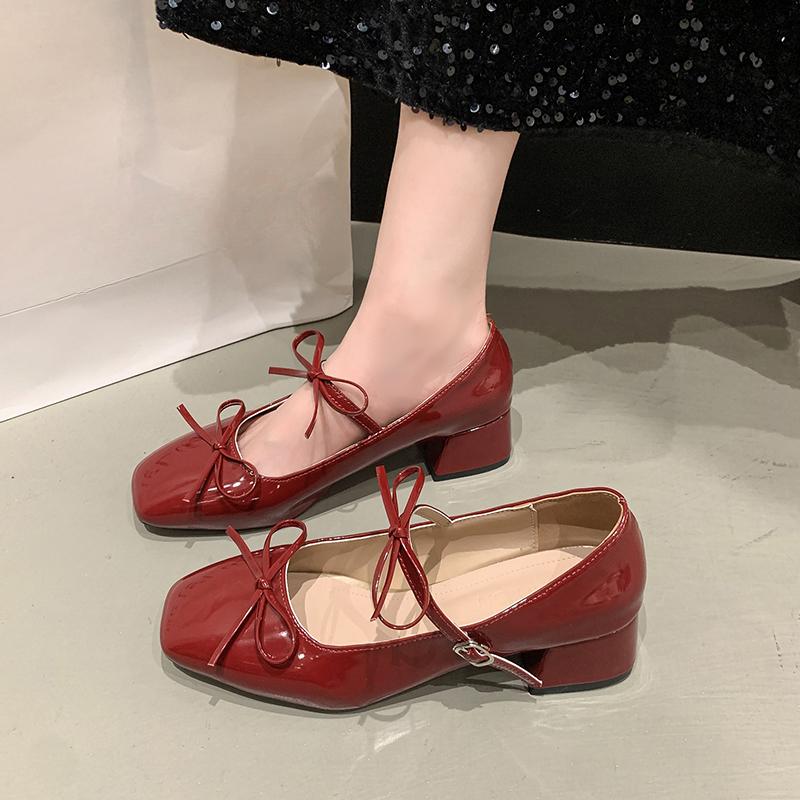 Fashion Summer Square Heel Shoes Women Fashion Square Head Shallow Mouth Butterfly Knot Slip-on Wear Resistant Heel Shoes