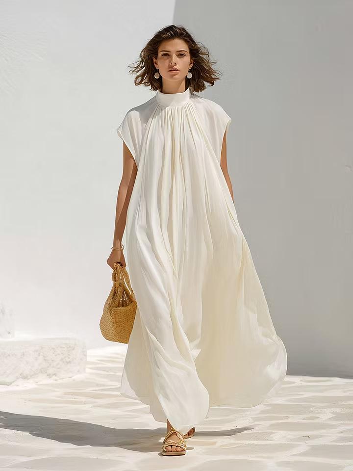European and American women's simple gas texture super short-sleeved spring and summer thin long French pleated dress