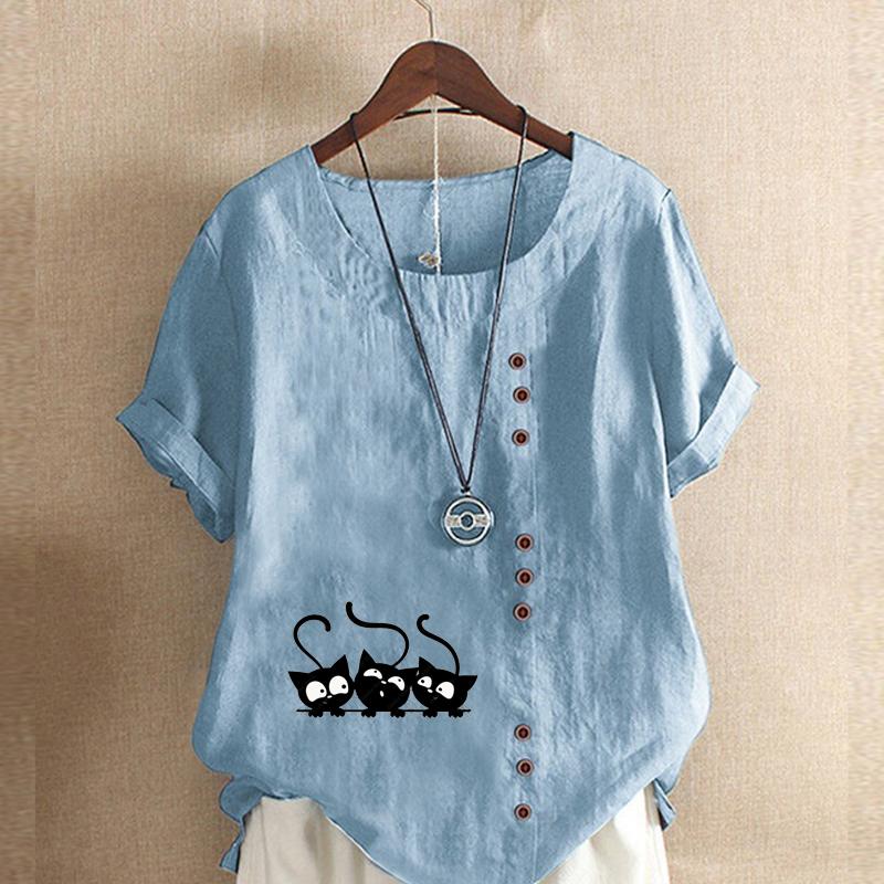 Dame Mote Søt Svart Katt Trykket Kort Ermet T-skjorte Løs Bomullsskjorte Casual Løs Sommerbluse Topper Pluss Størrelse