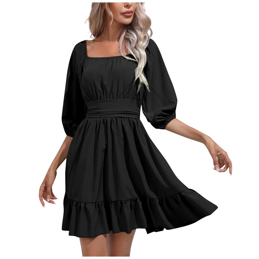 New Fashion Women's Trendy Ruffle Edge Square Neck Tie Up Short Skirt Summer Dress