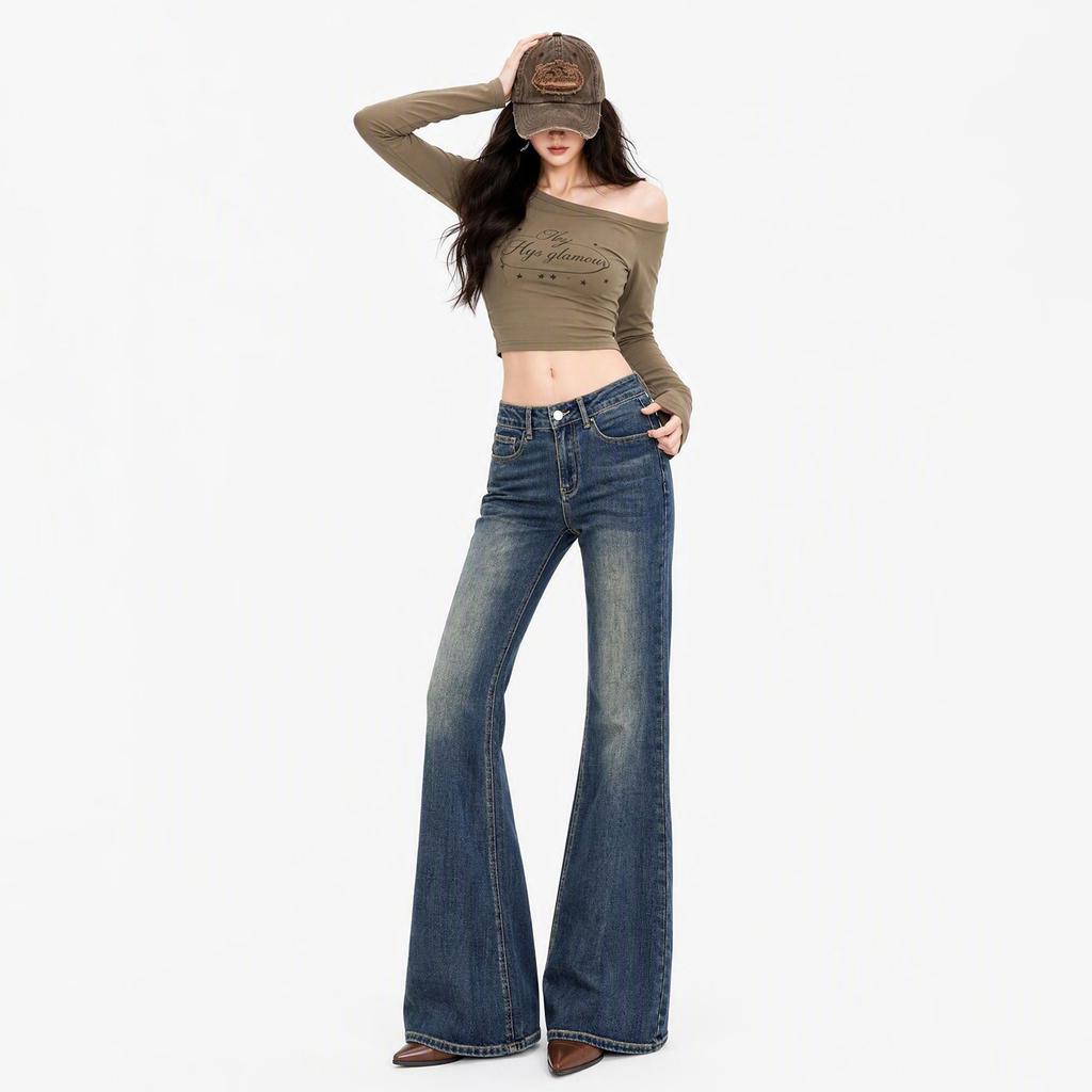 Retro pocket design jeans women's autumn and winter elastic American style old drape Spice girl horn pants