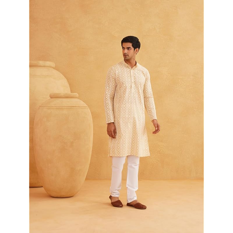 SOJANYA (Since 1958 Men' Cotton Sequence Embroidered Kurta with Churidaar Pyjama