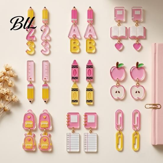 Personalized School Life Ornaments 1 Pair Teacher Earrings for Women, Cute 2D Acrylic Crayon Pencil Backpack Dangle Number Alphabet Earrings,