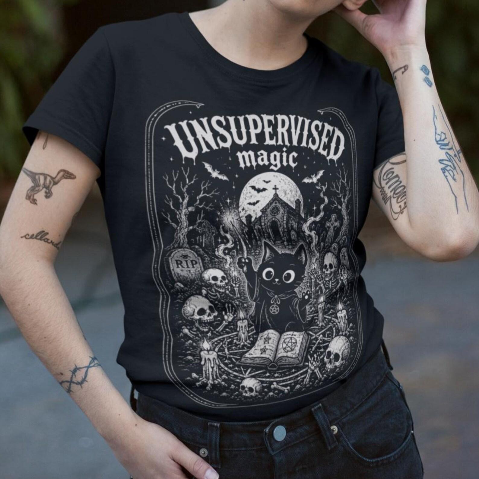 UNSUPERVISED MAGIC | Gothic Witch Cat T-Shirt | Dark Occult Vintage Style | Halloween Spooky Aesthetic Shirt | Black Cat Magic Tee XL