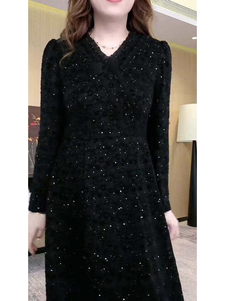 Spring Light Luxury Lace Evening Gown - Plus Size, Long Sleeve, Shiny Casual Dress for Women