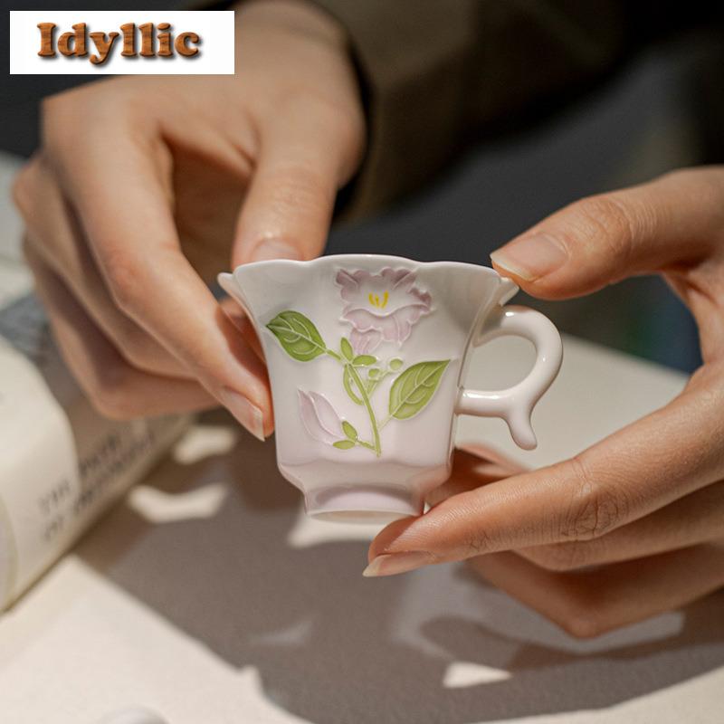 2pc/lot Hand-painted Japanese Flower Mouth Ear Lifting Teacup Zen Tea Bowl Mug Tea-tasting Fragrance Cup Chazhan Master Cup 55ml