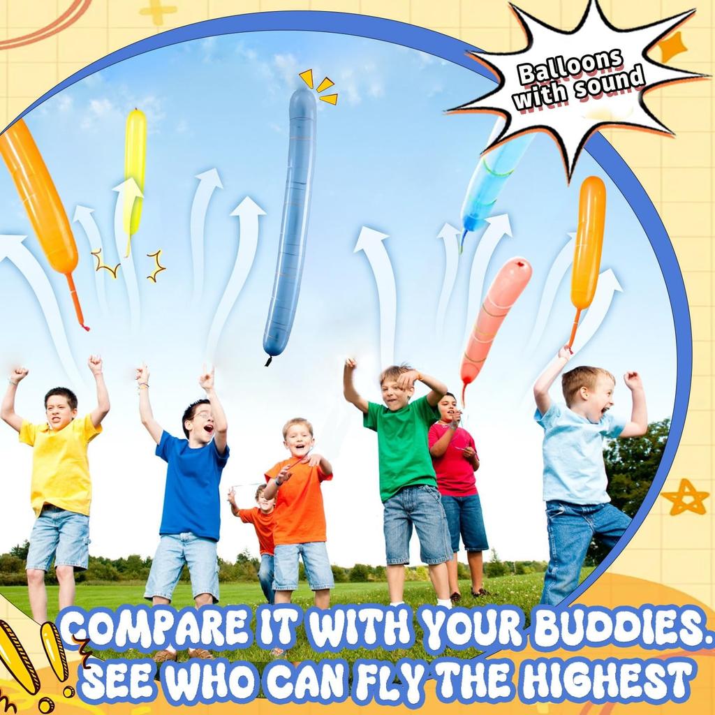 Rocket Balloons 100-Pack , 40-Inch Whistling Flying Party Balloons, Assorted Colors, Outdoor Kids Toys For Birthdays & Events