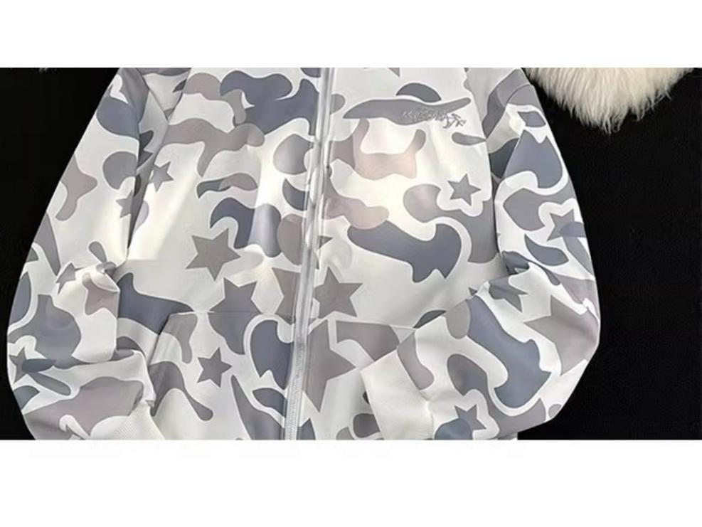 Bluza z kapturem na zamek High Street Camo Shark - Unisex, Styl BF, Długi rękaw z haftem ręcznikowym