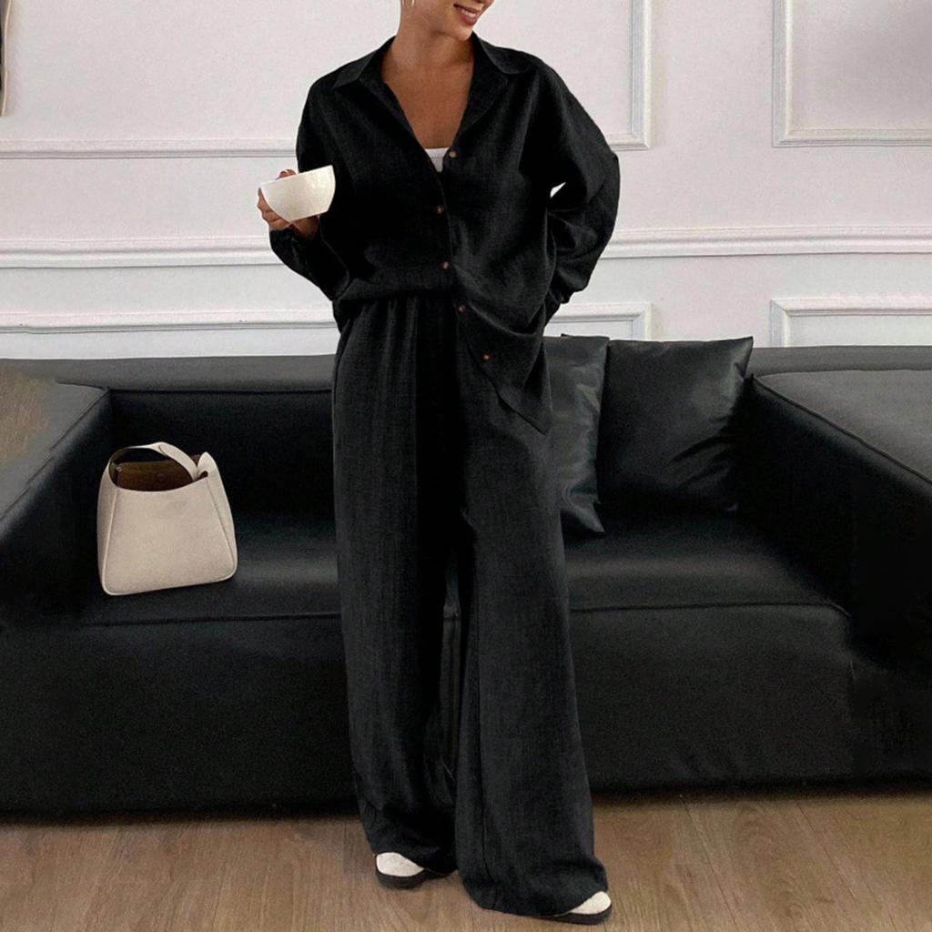 Damen Freizeitanzug Locker Baumwolle und Leinen Langarmhemd Hose Zweiteiliges Set