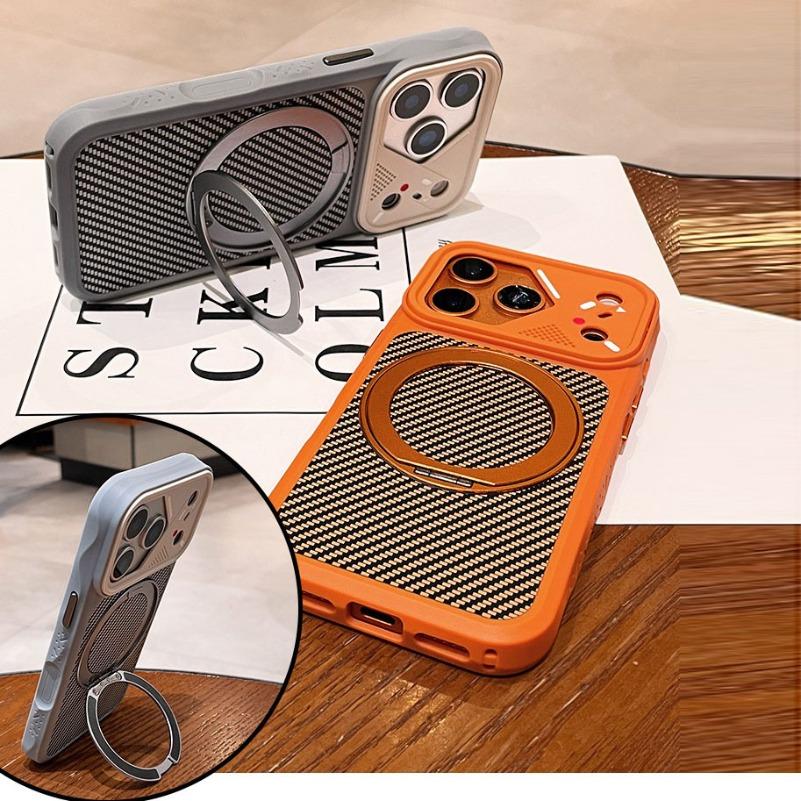 Business Carbon Fiber 360 Magnetic Stand Holder Case for iPhone 17 Air 16 14 15 Plus 13 12 11 Pro Max For Magsafe Slim Mat Cover