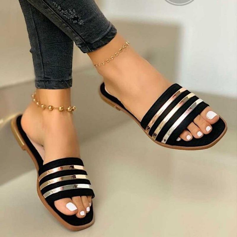 Women's Plus Size Round Buckle Flat Sandals, Casual Beach Summer Slides