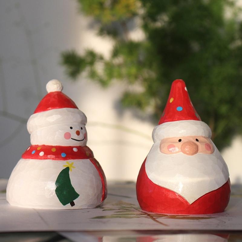 Hand Carved Wooden Santa/Snowman/Tree Figurine Carving Ornament Christmas Miniature Sculpture Table Decorations Gift