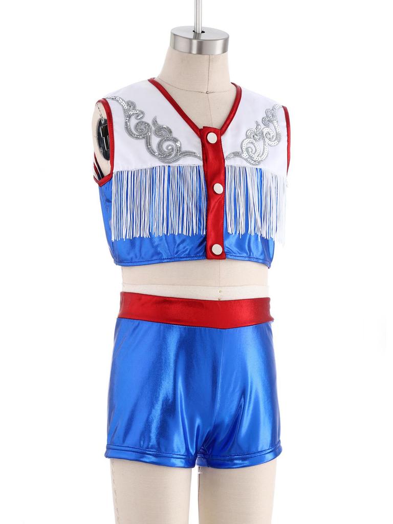 Children‘s Cowgirl Costume Set Sequins Metallic Fringe Sleeveless Top and Matching Shorts for Western Theme Fancy Ball Party
