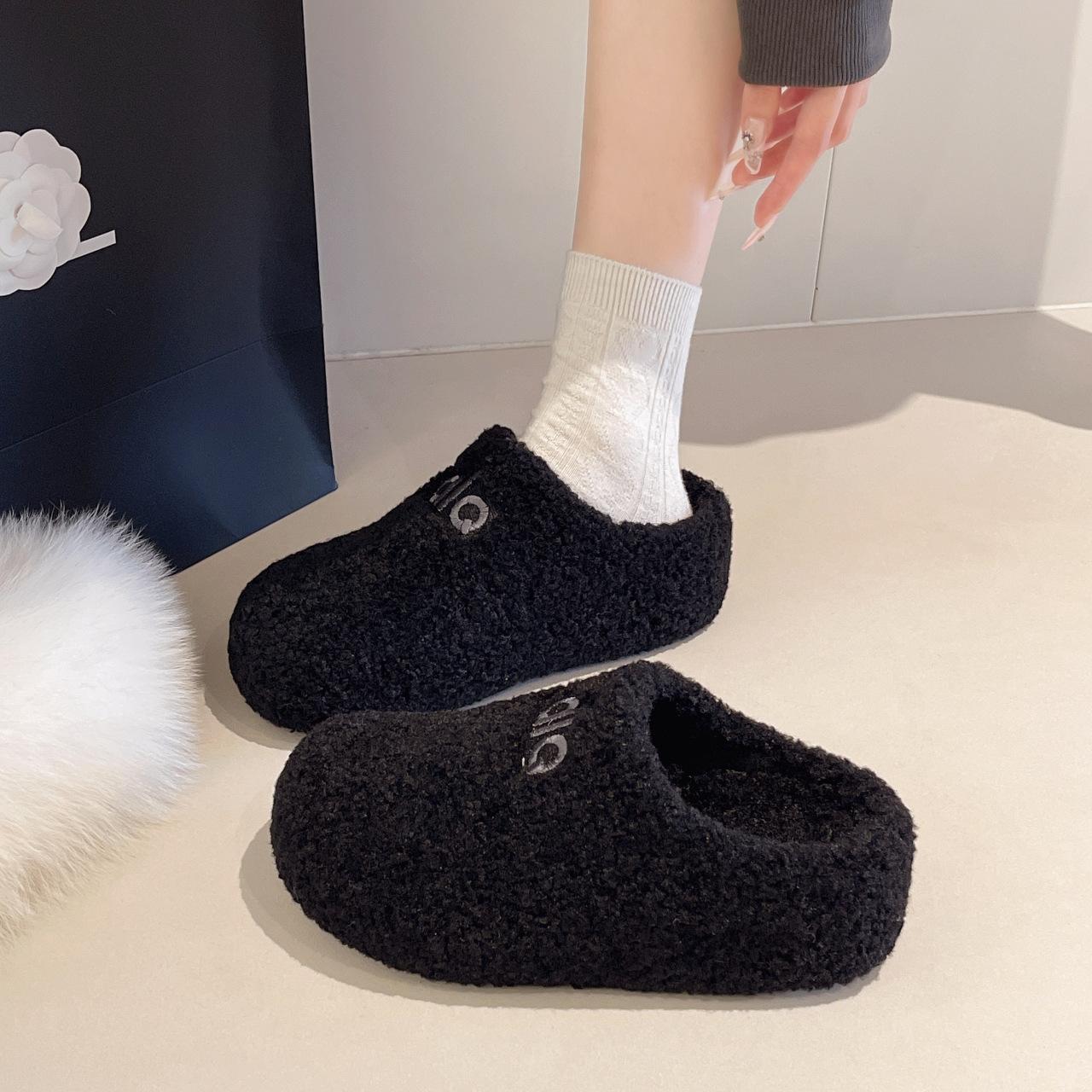 

2025 осень и зима новая сумка голова приподнятая толстая подошва повседневные пушистые тапочки женская мода универсальный бархат утолщенные теплые туфли 40 чёрный