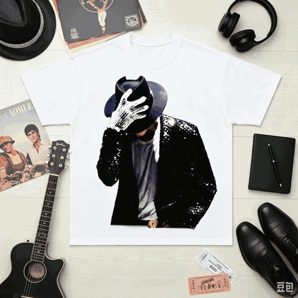Γραφικό T-Shirt Michael Jackson Unisex Λευκό Vintage Καπέλο Fedora Γάντι με Στρας Βασιλιάς της Ποπ Μουσικής Streetwear Φαρδύ T-Shirt Κοντομάνικο για Άνδρες Γυναίκες