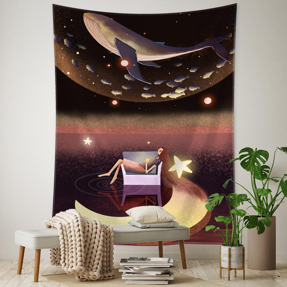 Cartoon Whale Tapestry Wall Hanging Kawaii Boho Psychedelic Witchcraft Art Aesthetic Room Home Decor