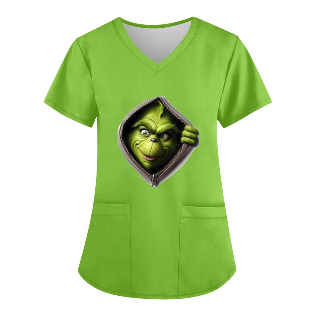 Women's V-neck Christmas Print Short-sleeved Pocket Side Slit Uniform Top