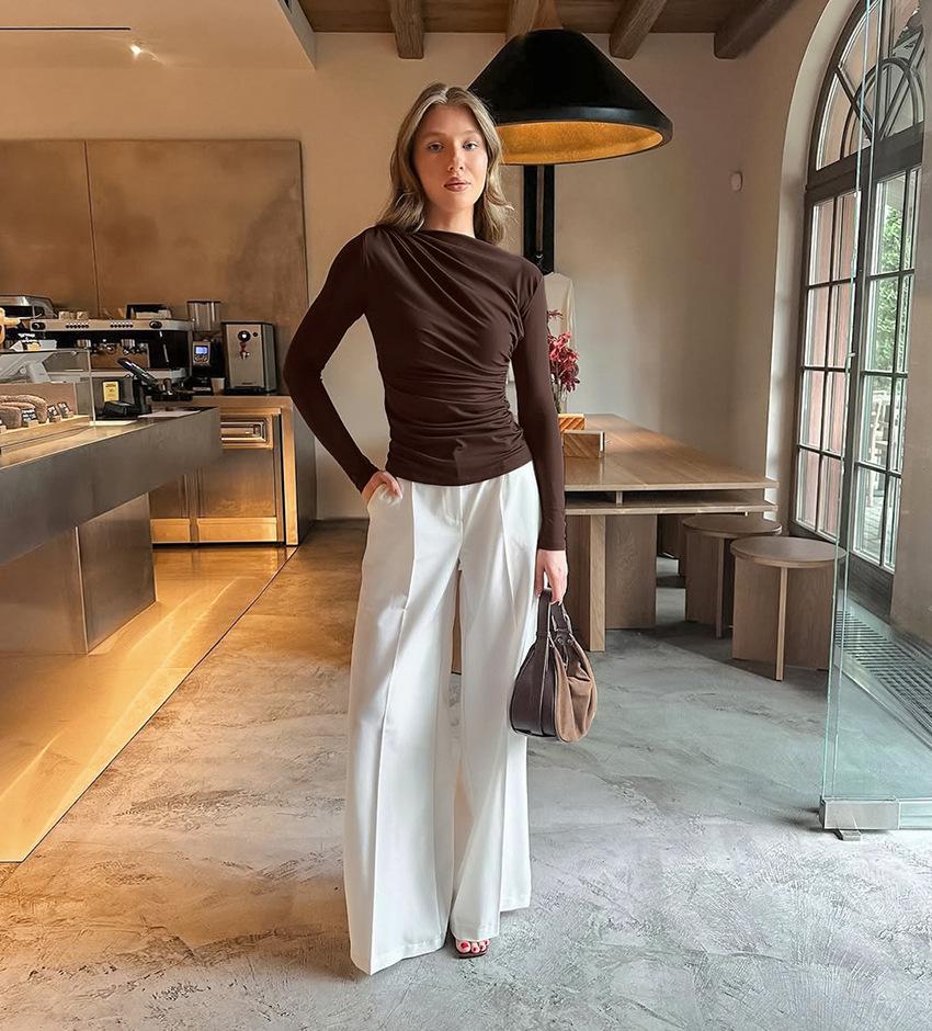 2025 Autumn European & American Slimming Ruched Long-Sleeve Shirt for Women