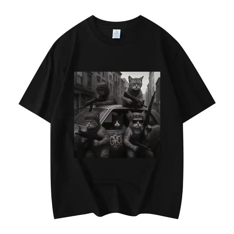 Funny Cat Gang Meme Graphic T Shirts Unisexs Womens Fashion Vintage Short Sleeve Tshirt High Quality Oversized Tshirts