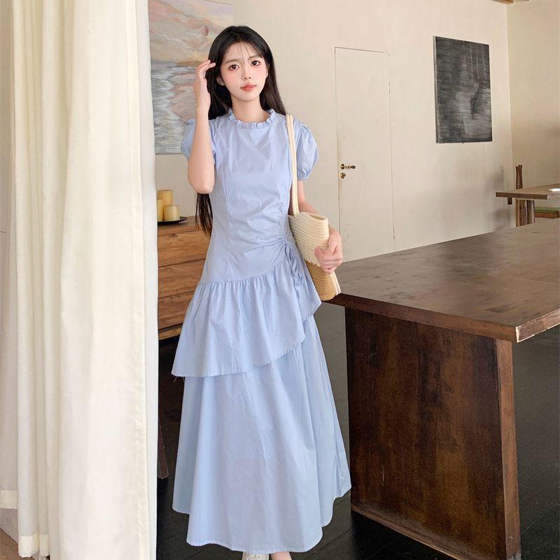 Summer new college style short-sleeved dress fashionable women's clothing French waist thin cake dress sweet long skirt