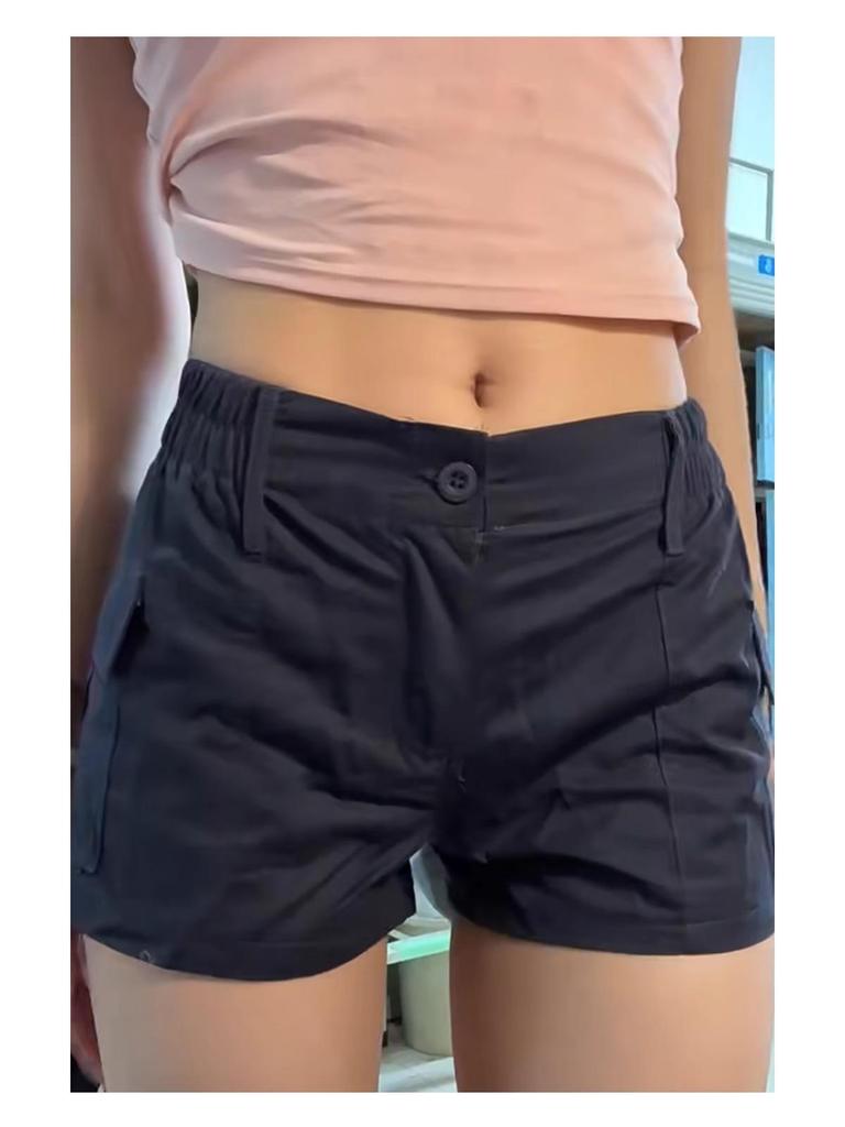 Women's Navy Blue Elastic Waist Cargo Shorts - Summer Fitness Hot Pants