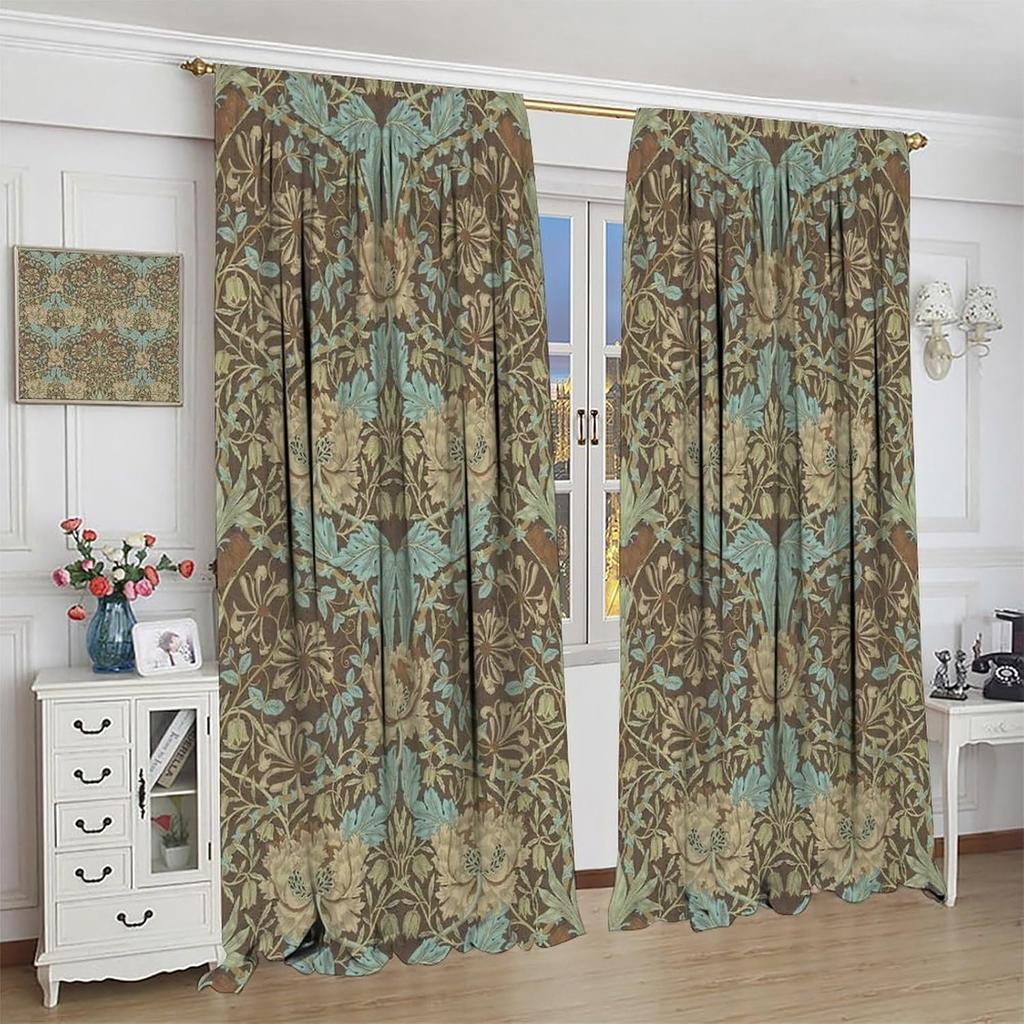 Retro Bohemian William Morris Plant Floral Blackout Curtains   Abstract Vintage Country Floral Leaf Pattern Window Drapes   for Li