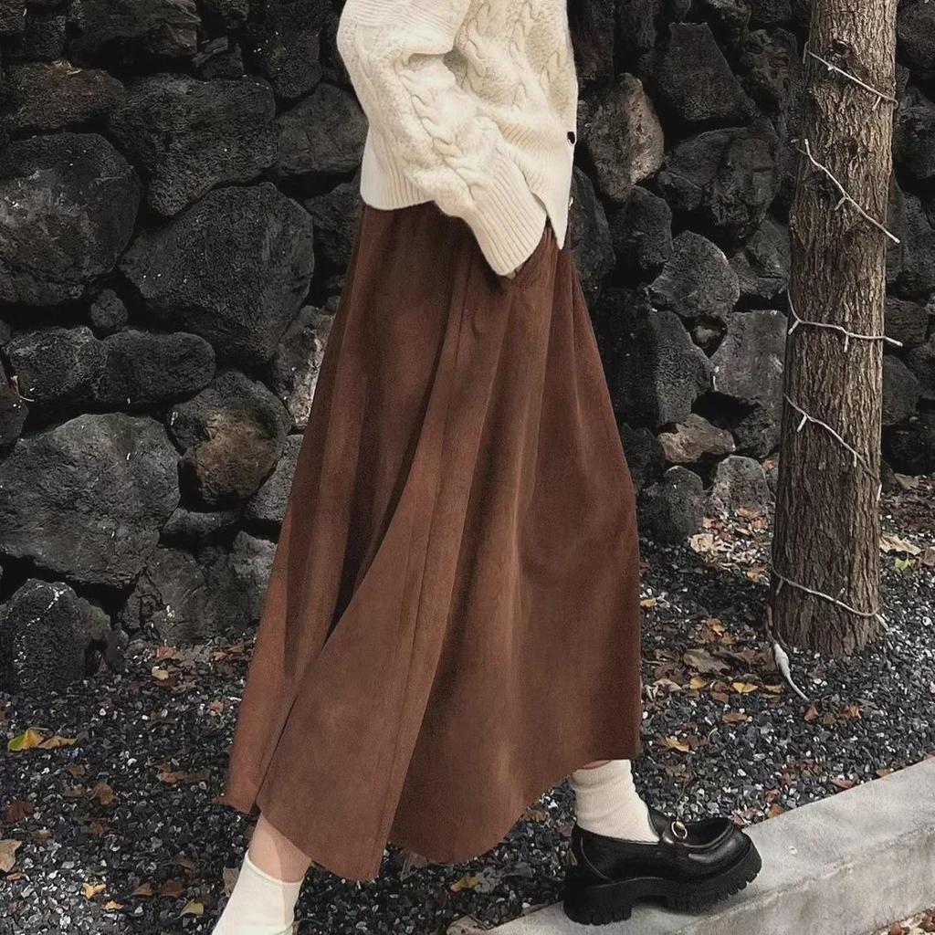 Damen Retro Slim Cord A-Linien Midi-Rock, Elastischer Bund, Überknie, Großer Schwung, Frühlings-/Herbststil