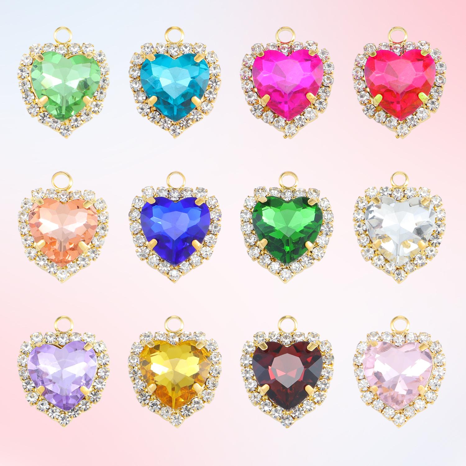 

12pcs Jewelry Charms Class Rhinestone Pendants Charms Mixed Colors Flat Back Golden Base Heart Shape for DIY Earrings Bracelet