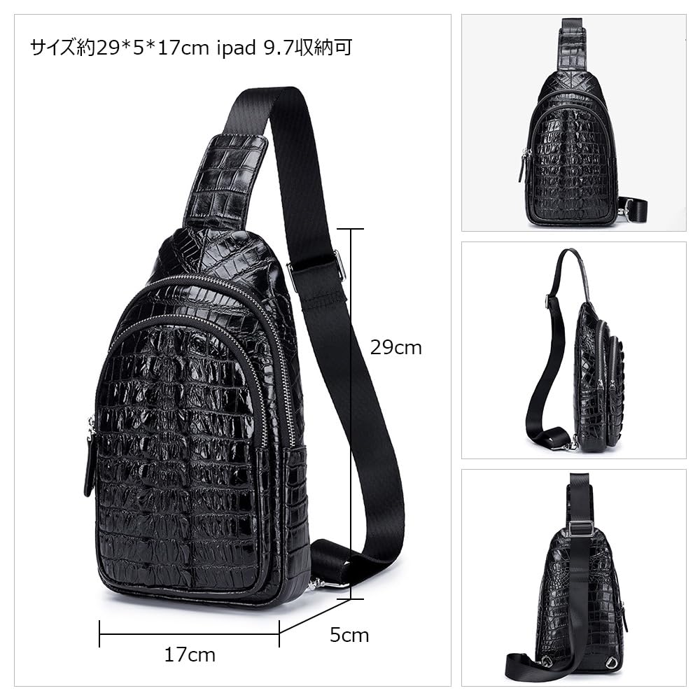 Whatna Crocodile-Embossed Natural Cowhide Leather Crossbody BagOne-Shoulder Bag for Men, Genuine Thick Leather, Black or Brown, ML-8879 (Black)