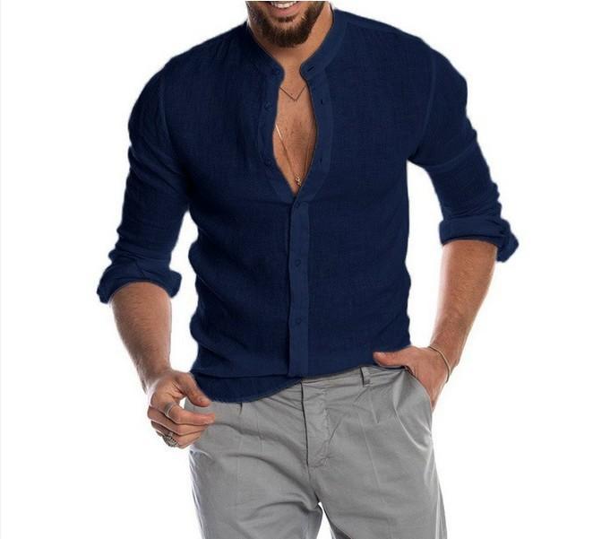Autumn and winter V-neck linen new cardigan stand-up collar long-sleeved men's shirt