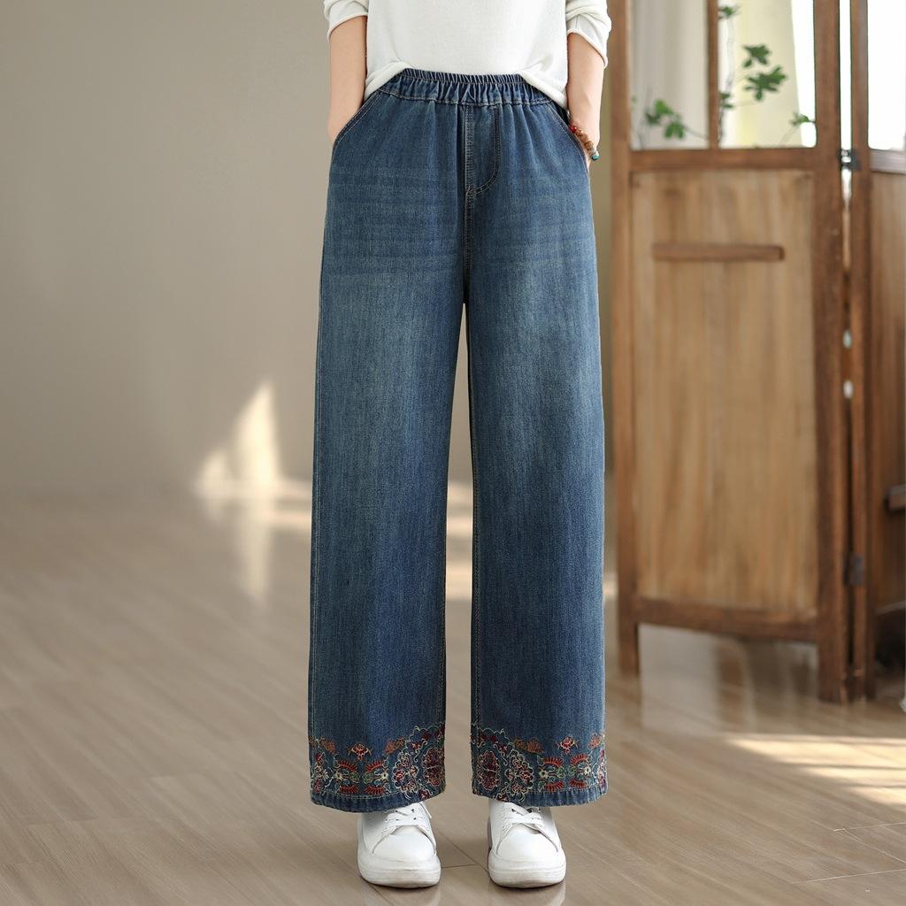 

Весенне-осенние свободные джинсы с эластичной талией для женщин, с высокой посадкой, больших размеров, вышитые брюки с широкими штанинами для женщин XL синий