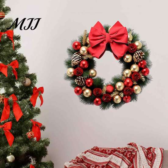 Reusable Holiday Wall Decor Christmas Wreath Decal, Door Sticker with Red Bow, Baubles & Pinecones, Self Adhesive Pine Cones Removable Art for