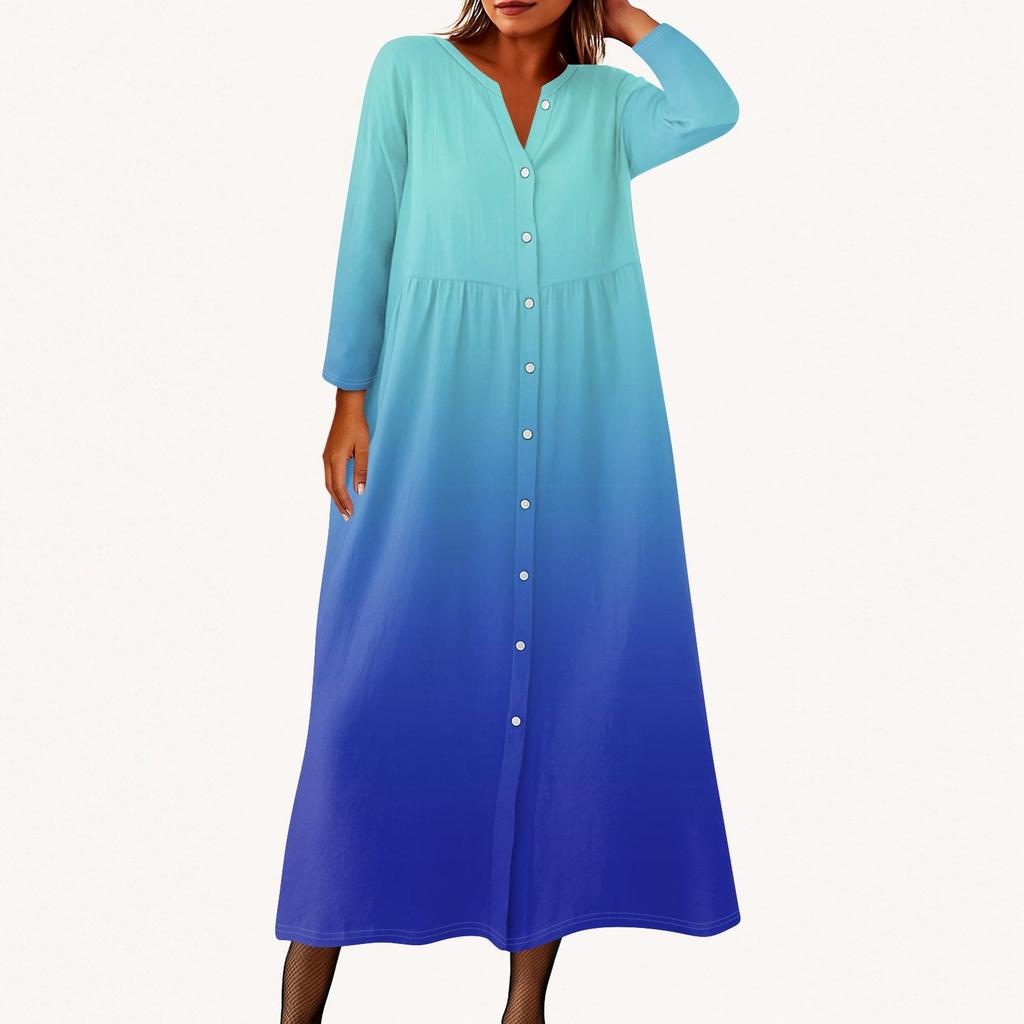 Damen Modisches Bedrucktes Rundhals Siebenviertelarm Knopf Lockeres Hemdkleid