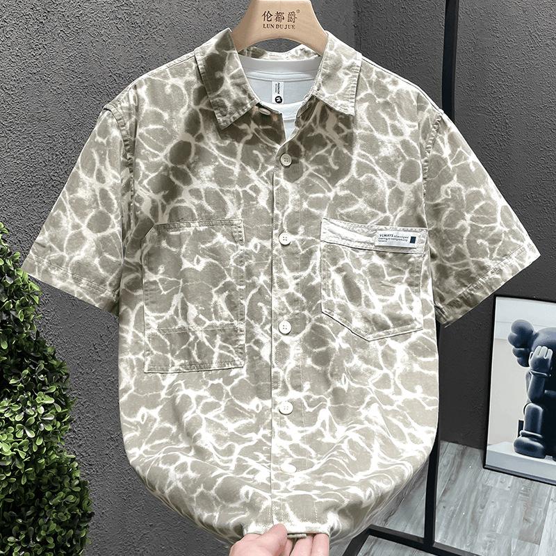 Men Water Ripple Print Shirt Short Sleeve Button Down Chest Pocket Casual Streetwear Shirt for Men