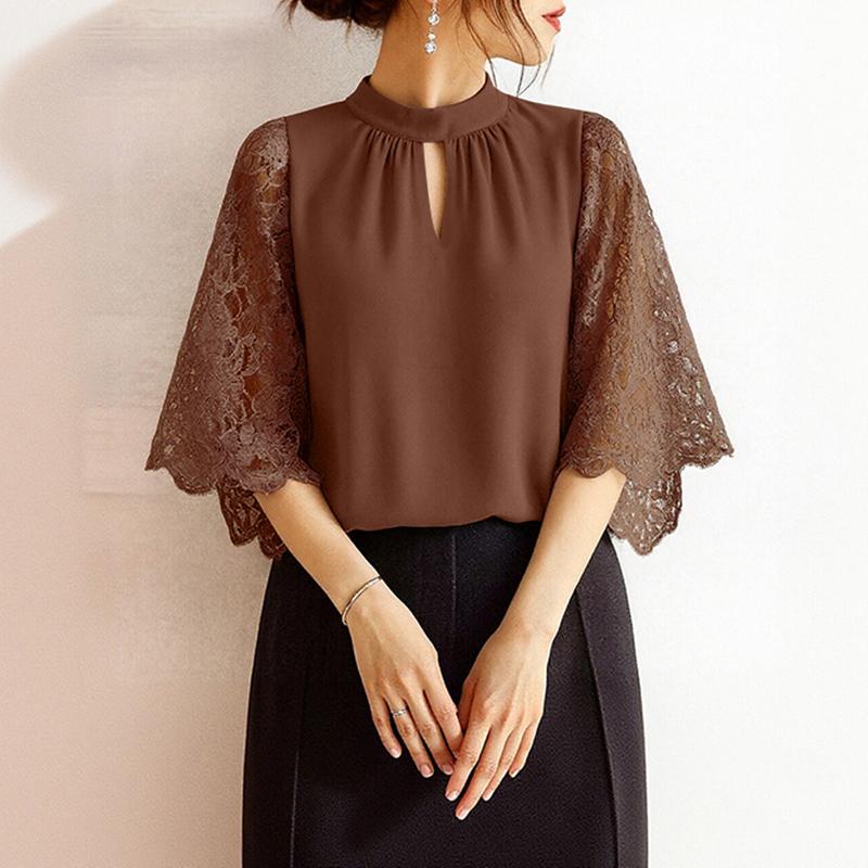 ZANZEA Women Round Neck Lace Splice Half Sleeve Blouse