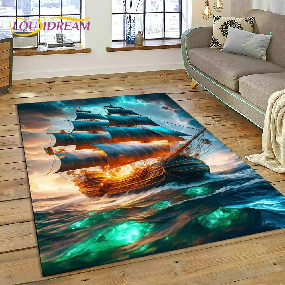 Ancient Pirate Ship Boat,Barque,Sailboa Carpet Rug for Bedroom Living Room Home Sofa Decoration,Child Game Large Decor Floor Mat